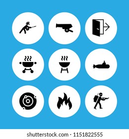 fire icon. 9 fire set with flame, gun, exit and war vector icons for web and mobile app