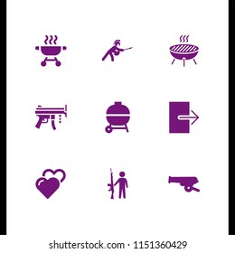 fire icon. 9 fire set with grill, bbq, hearts outline icon and gun vector icons for web and mobile app