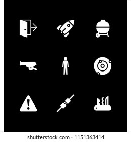 fire icon. 9 fire set with tall human silhouette, exit, rocket and warning vector icons for web and mobile app