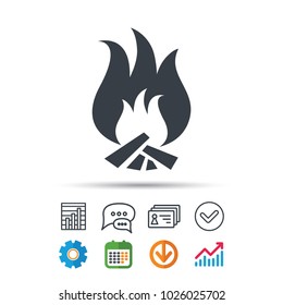 Fire icon. Blazing bonfire flame symbol. Statistics chart, chat speech bubble and contacts signs. Check web icon. Vector