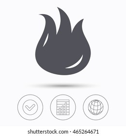 Fire icon. Blazing bonfire flame symbol. Check tick, graph chart and internet globe. Linear icons on white background. Vector