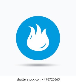 Fire icon. Blazing bonfire flame symbol. Blue circle button with flat web icon. Vector