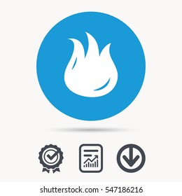 Fire icon. Blazing bonfire flame symbol. Achievement check, download and report file signs. Circle button with web icon. Vector