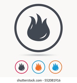 Fire icon. Blazing bonfire flame symbol. Colored circle buttons with flat web icon. Vector