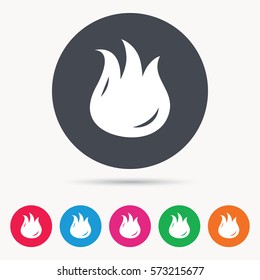 Fire icon. Blazing bonfire flame symbol. Colored circle buttons with flat web icon. Vector