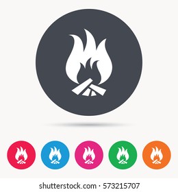 Fire icon. Blazing bonfire flame symbol. Colored circle buttons with flat web icon. Vector