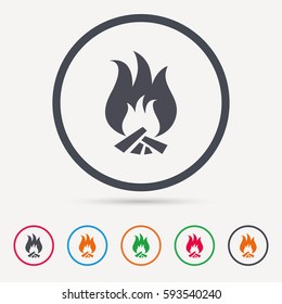 Fire icon. Blazing bonfire flame symbol. Round circle buttons. Colored flat web icons. Vector