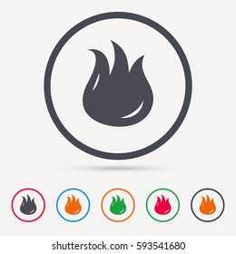 Fire icon. Blazing bonfire flame symbol. Round circle buttons. Colored flat web icons. Vector