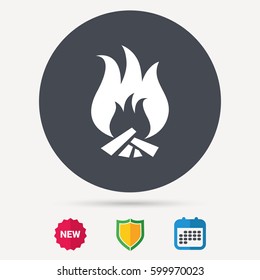 Fire icon. Blazing bonfire flame symbol. Calendar, shield protection and new tag signs. Colored flat web icons. Vector