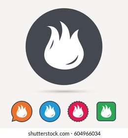 Fire icon. Blazing bonfire flame symbol. Circle, speech bubble and star buttons. Flat web icons. Vector