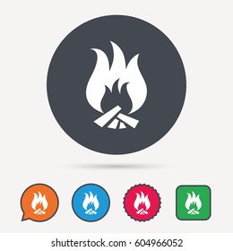 Fire icon. Blazing bonfire flame symbol. Circle, speech bubble and star buttons. Flat web icons. Vector