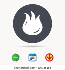 Fire icon. Blazing bonfire flame symbol. Calendar, download arrow and new tag signs. Colored flat web icons. Vector
