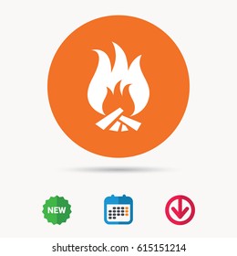 Fire icon. Blazing bonfire flame symbol. Calendar, download arrow and new tag signs. Colored flat web icons. Vector