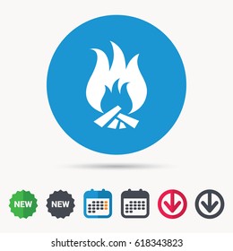 Fire icon. Blazing bonfire flame symbol. Calendar, download arrow and new tag signs. Colored flat web icons. Vector