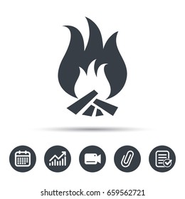 Fire icon. Blazing bonfire flame symbol. Calendar, chart and checklist signs. Video camera and attach clip web icons. Vector