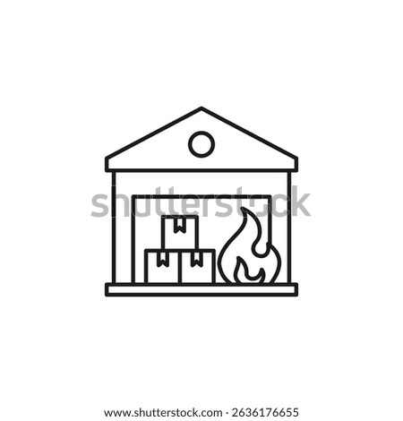 Fire icon of a blazing warehouse with boxes, ideal for emergency or disaster preparedness materials, industrial safety resources, or insurance.