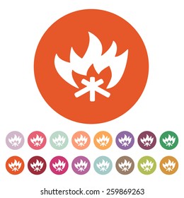 The fire icon. Bonfire symbol. Flat Vector illustration. Button Set