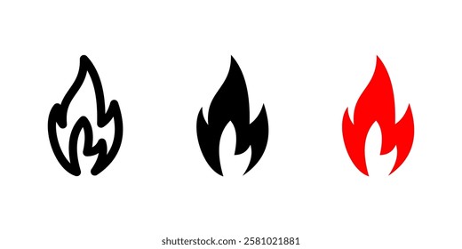 Fire icon. Burning flame sign. Energy and combustion symbol. Hot blaze warning pictogram. Flammable hazard illustration.