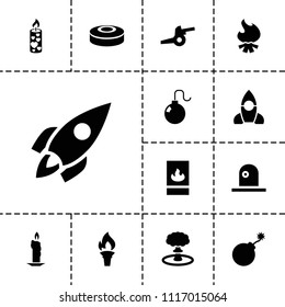Fire icon. collection of 13 fire filled icons such as explosion, candle, torch, rocket, smoke bomb, cannon, siren. editable fire icons for web and mobile.