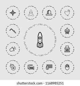 Fire icon. collection of 13 fire outline icons such as blowtorch, bonfire, water hose, rocket, siren, disc flame, explosion. editable fire icons for web and mobile.