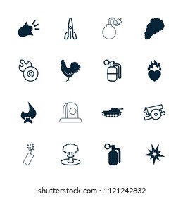 Fire icon. collection of 16 fire filled and outline icons such as chicken, bonfire, smoke, siren, dynamite, tank, explode, disc flame. editable fire icons for web and mobile.