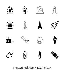 Fire icon. collection of 16 fire filled and outline icons such as flame, torch, rocket, dynamite, ammo, no fire, siren. editable fire icons for web and mobile.