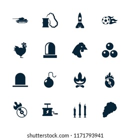 Fire icon. collection of 16 fire filled icons such as siren, chicken, disc flame, candle, smoke, football ball, dynamite, smoking can. editable fire icons for web and mobile.