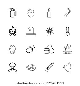 Fire icon. collection of 16 fire outline icons such as rocket, explode, fireworks, candle, siren, dynamite, explosion, smoking can. editable fire icons for web and mobile.