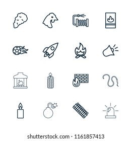 Fire icon. collection of 16 fire outline icons such as chicken, water hose, brick wall fire, candle, smoke, siren, rocket. editable fire icons for web and mobile.