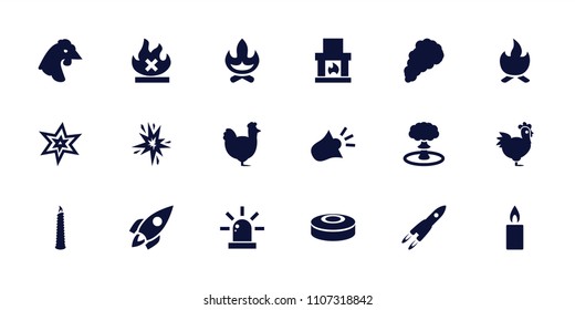 Fire icon. collection of 18 fire filled icons such as chicken, explosion, bonfire, candle, smoke, siren, rocket, smoke bomb. editable fire icons for web and mobile.