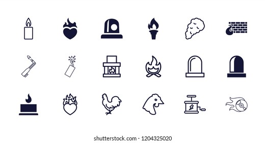 Fire icon. collection of 18 fire filled and outline icons such as siren, torch, chicken, fireplace, heart in fire, candle, smoke. editable fire icons for web and mobile.