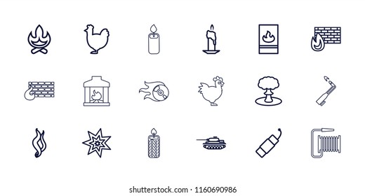 Fire icon. collection of 18 fire outline icons such as chicken, bonfire, candle, brick wall fire, smoke, explosion, tank, blowtorch. editable fire icons for web and mobile.