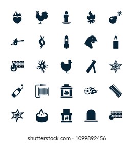 Fire icon. collection of 25 fire filled icons such as siren, chicken, explosion, fireplace, bomb, brick wall fire, candle, smoke. editable fire icons for web and mobile.