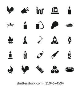 Fire icon. collection of 25 fire filled icons such as chicken, candle, bonfire, water hose, firework, smoke, siren, rocket, smoke bomb. editable fire icons for web and mobile.