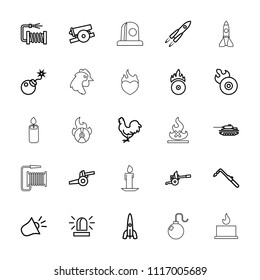Fire icon. collection of 25 fire outline icons such as chicken, siren, blowtorch, water hose, disc flame, bomb, rocket, cannon, tank. editable fire icons for web and mobile.