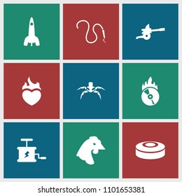Fire icon. collection of 9 fire filled icons such as chicken, rocket, dynamite, smoke bomb, cannon. editable fire icons for web and mobile.