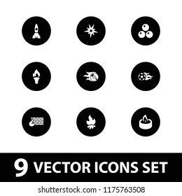 Fire icon. collection of 9 fire filled icons such as candle, football ball, torch, canon ball, explode, rocket. editable fire icons for web and mobile.