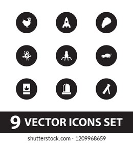 Fire icon. collection of 9 fire filled icons such as rocket, smoke, siren, cannon, tank, chicken. editable fire icons for web and mobile.