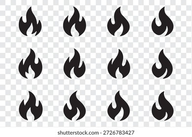 Brandsymbolsammlung. Konzept Flamme, Feuer, Ikone. Flammensymbol in Rot. Lagerfeuer-Symbol. Logo-Design Feuer. Silhouetten-Logo für Bonfire. Vektorgrafik.