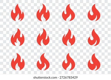 Brandsymbolsammlung. Konzept Flamme, Feuer, Ikone. Flammensymbol in Rot. Lagerfeuer-Symbol. Logo-Design Feuer. Silhouetten-Logo für Bonfire. Vektorgrafik.