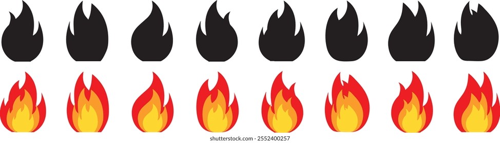  Disparar coleção de ícones. Símbolo da chama de fogo. Logotipo da silhueta da fogueira. Incêndio quente vermelho chama calor ou picante símbolo de comida ícone de vetor plano