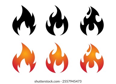 Fire icon collection. Fire flame symbol. Bonfire silhouette logotype. vector template