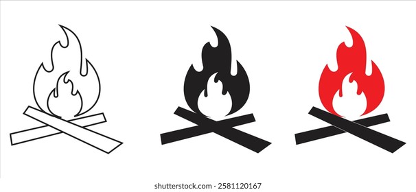 Fire icon collection.  flame icon. Fire flame symbol. Flame icons set. Fire symbol set. set of fire vector icons. Campfire, Bonfire, Flame Sign, Front View. Vector Illustration