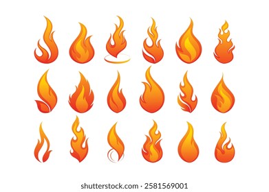 Fire icon collection. Fire flame symbol. Bonfire silhouette logotype. Flames symbols set flat style