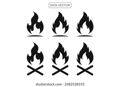 Fire icon collection. Fire flame symbol. Bonfire silhouette logotype. Flames symbols vector template