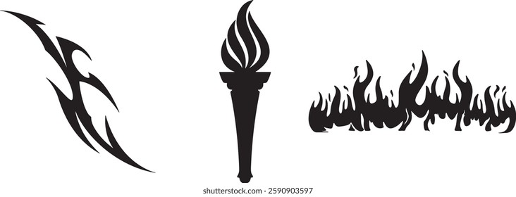 Fire icon collection. Fire flame symbol. Bonfire silhouette logotype.