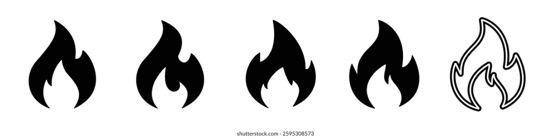 Fire icon collection. Fire flame symbol. Bonfire silhouette logotype. Flames symbols set flat style - stock vector.