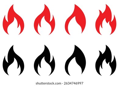 Fire icon collection. Fire flame symbol. Bonfire silhouette logotype. Set of fire flame vector icons.