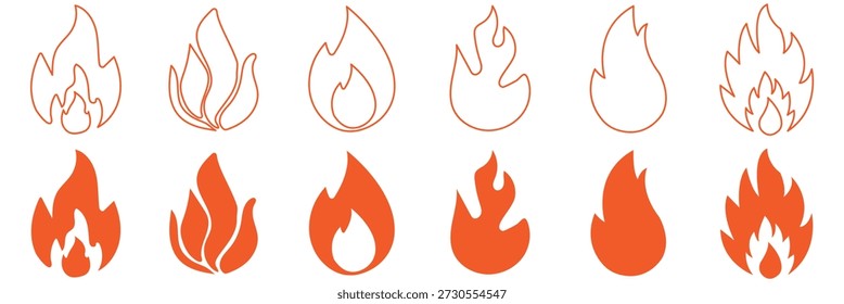 Fire icon collection. Fire flame symbol. Fire flame icon vector design symbol. Set of fire icons. Flame design of different shapes. Vector illustration