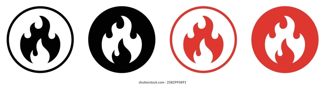 Fire icon collection. Fire icon set. Flame icon sign symbol. Fire flame vector icon set in black and red color. Flammable sign. Fire flame symbol. Vector illustration.